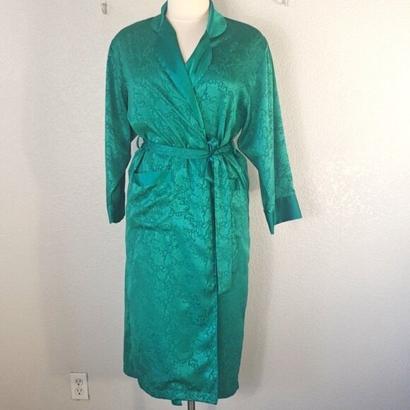 Victoria's Secret Other - Victoria’s Secret Robe Size P/S   Emerald Green Satin Pockets Kimono Vintage